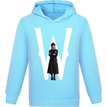 Chlapecký svetr Dívčí mikina střihu "hoodie" s potiskem Wednesday Addams Barva: nebesky modrá, Velikost: 130 (7-8 let)