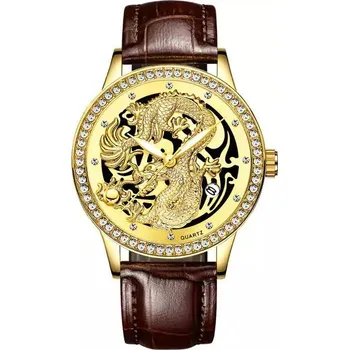 Hodinky Luxusní pánské hodinky s čínským drakem - Kůže Zlatá