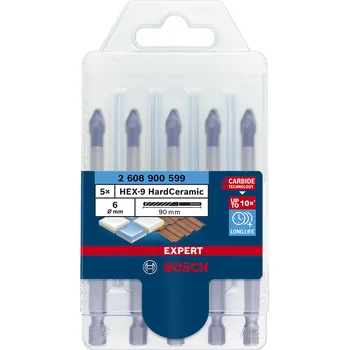 Vrták 5x Vrták na měkké a tvrdé dlaždice, sklo, střešní tašky a tvrdý kámen Bosch EXPERT HardCeramic HEX-9 - 6.0/90mm, šestihranná stopka (2608900599)