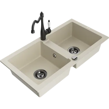 Granitový dřez Mexen Mario granitový dřez 2-komorový s kuchyňskou baterií Carla, béžový - 6504-69-670700-70 Granitové dřezy s baterií