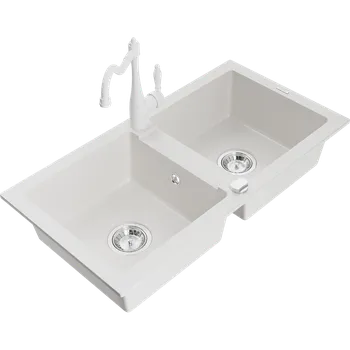 Granitový dřez Mexen Mario dvoukomorový granitový dřez s kuchyňskou baterií Carla, bílý - 6504-20-670700-20 Granitové dřezy s baterií