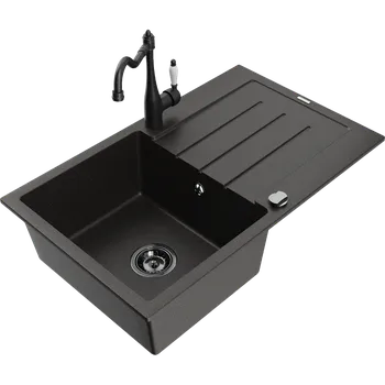 Granitový dřez Mexen Bruno granitový dřez jednokomorový s odkapávačem a kuchyňskou baterií Carla, černý/zlatý metalik - 6513-75-670700-70-B Granitové dřezy s baterií