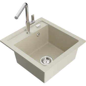 Granitový dřez Mexen Vito granitový dřez jednokomorový s kuchyňskou baterií Flora, béžový - 6503-69-670401-00 Granitové dřezy s baterií