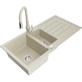 Granitový dřez Mexen Andres granitový dřez 1,5-komorový s odkapávačem a kuchyňskou baterií Savita, béžový - 6515-69-672601-69 Granitové dřezy s baterií