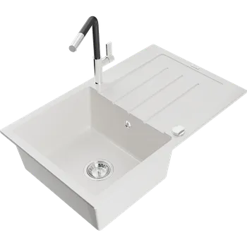Granitový dřez Mexen Bruno granitový dřez 1-komorový s odkapávačem a kuchyňskou baterií Flora, bílý - 6513-20-670401-07 Granitové dřezy s baterií