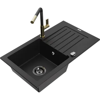Granitový dřez Mexen Pablo granitový dřez s odkapávačem a kuchyňskou baterií Flora, černý - 6510-77-670401-57-B Granitové dřezy s baterií