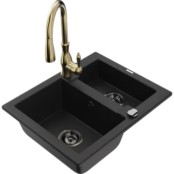 Granitový dřez Mexen Carlos granitový dřez 1,5-komorový s kuchyňskou baterií Savita, černý - 6518-77-672601-50-B Granitové dřezy s baterií