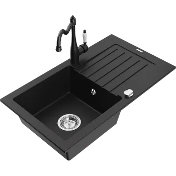 Granitový dřez Mexen Pablo granitový dřez 1-komorový s odkapávačem a kuchyňskou baterií Carla, černý - 6510-77-670700-70 Granitové dřezy s baterií
