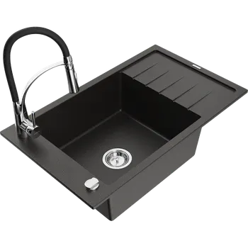 Granitový dřez Mexen Elias granitový dřez 1-komorový s odkapávačem a kuchyňskou baterií Aster, černý/zlatý metalik - 6511-75-73450-70 Granitové dřezy s baterií
