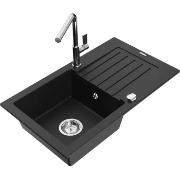 Granitový dřez Mexen Pablo žulový dřez s jednou komorou, odkapávačem a kuchyňskou baterií Flora, černý - 6510-77-670401-00 Granitové dřezy s baterií
