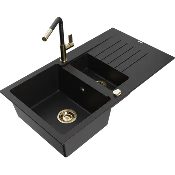 Granitový dřez Mexen Matias granitový dřez 1,5-komorový s odkapávačem a kuchyňskou baterií Flora, černý - 6502-77-670401-57-G Granitové dřezy s baterií