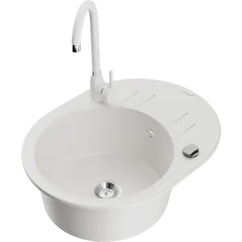 Granitový dřez Mexen Kevin granitový dřez 1-komorový s odkapávačem a kuchyňskou baterií Telma, bílý - 6517-20-670200-20 Granitové dřezy s baterií