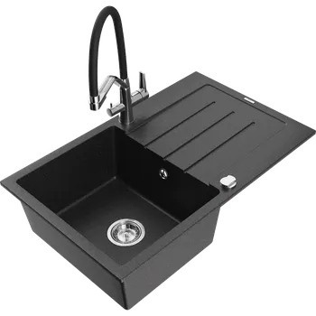 Granitový dřez Mexen Bruno granitový dřez s odkapávačem a kuchyňskou baterií Duo, černý/stříbrný metalik - 6513-73-671701-07 Granitové dřezy s baterií