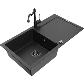 Granitový dřez Mexen Leo 1-komorový žulový dřez s odkapávačem a kuchyňskou baterií Carla, černý/stříbrný metalik - 6501-73-670700-70-B Granitové dřezy s baterií