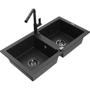 Granitový dřez Mexen Mario dvoukomorový granitový dřez s kuchyňskou baterií Flora, černý/stříbrný metalický - 6504-73-670401-70-B Granitové dřezy s baterií