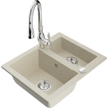 Granitový dřez Mexen Carlos žulový dřez 1,5-komorový s kuchyňskou baterií Savita, béžový - 6518-69-672601-00 Granitové dřezy s baterií