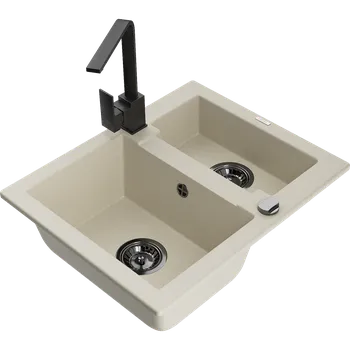 Granitový dřez Mexen Carlos granitový dřez 1,5-komorový s kuchyňskou baterií Rita, béžový - 6518-69-670300-70 Granitové dřezy s baterií