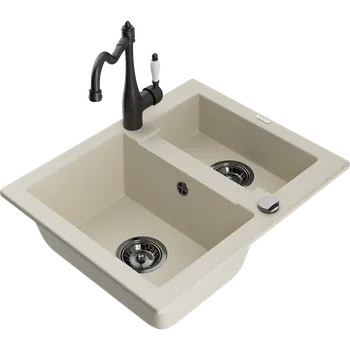 Granitový dřez Mexen Carlos granitový dřez 1,5-komorový s kuchyňskou baterií Carla, béžový - 6518-69-670700-70 Granitové dřezy s baterií