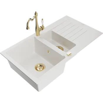 Granitový dřez Mexen Matias žulový dřez 1,5-komorový s odkapávačem a kuchyňskou baterií Carla, bílý - 6502-20-670700-50 Granitové dřezy s baterií