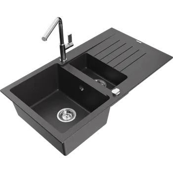 Granitový dřez Mexen Matias Žulový dřez 1,5-komorový s odkapávačem a kuchyňskou baterií Flora, černý kropenatý - 6502-76-670401-00 Granitové dřezy s baterií