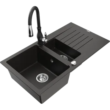 Granitový dřez Mexen Matias granitový dřez 1,5-komorový s odkapávačem a kuchyňskou baterií Savita, černý/zlatý - 6502-75-672601-70 Granitové dřezy s baterií