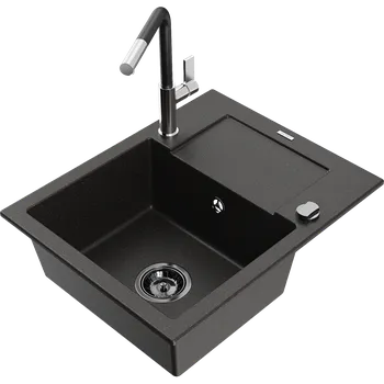 Granitový dřez Mexen Enzo granitový dřez s 1 komorou a odkapávačem a kuchyňskou baterií Flora, černý/zlatý metalik - 6506-75-670401-07-B Granitové dřezy s baterií