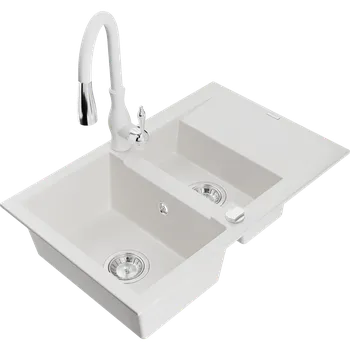 Granitový dřez Mexen Gaspar žulový dřez 1,5-komorový s odkapávačem a kuchyňskou baterií Savita, bílý - 6507-20-672601-20 Granitové dřezy s baterií