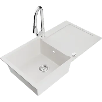 Granitový dřez Mexen Leo granitový dřez 1-komorový s odkapávačem a kuchyňskou baterií Elia, bílý - 6501-20-670101-00 Granitové dřezy s baterií