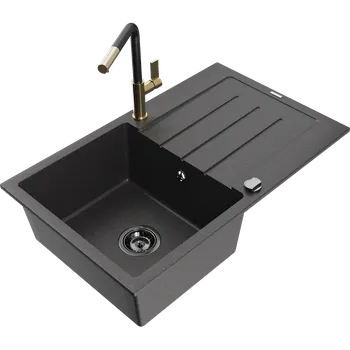 Granitový dřez Mexen Bruno granitový dřez 1-komorový s odkapávačem a kuchyňskou baterií Flora, černý se skvrnami - 6513-76-670401-57-B Granitové dřezy s baterií
