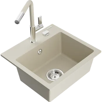 Granitový dřez Mexen Milo granitový dřez 1-komorový s kuchyňskou baterií Flora, béžový - 6505-69-670401-09 Granitové dřezy s baterií