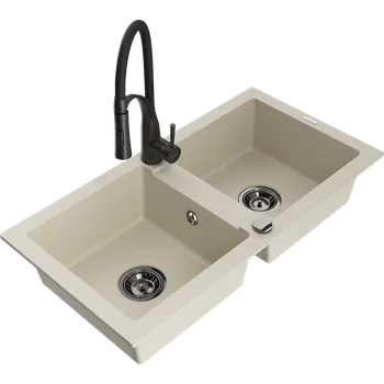 Granitový dřez Mexen Mario granitový dřez 2-komorový s kuchyňskou baterií Aster, béžový - 6504-69-73450-70-B Granitové dřezy s baterií