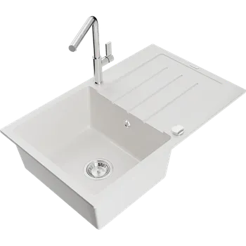 Granitový dřez Mexen Bruno granitový dřez 1-komorový s odkapávačem a kuchyňskou baterií Flora, bílý - 6513-20-670401-00 Granitové dřezy s baterií