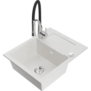 Granitový dřez Mexen Enzo granitový dřez s 1 komorou, odkapávačem a kuchyňskou baterií Aster, bílý - 6506-20-73450-07 Granitové dřezy s baterií