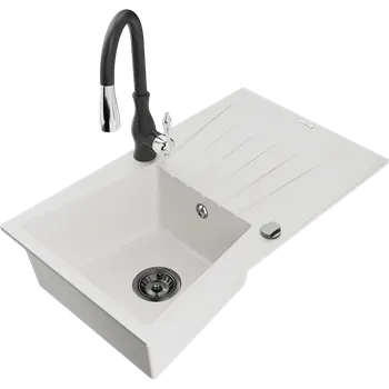 Granitový dřez Mexen Cesar granitový dřez 1-komorový s odkapávačem a kuchyňskou baterií Savita, bílý - 6514-20-672601-70 Granitové dřezy s baterií