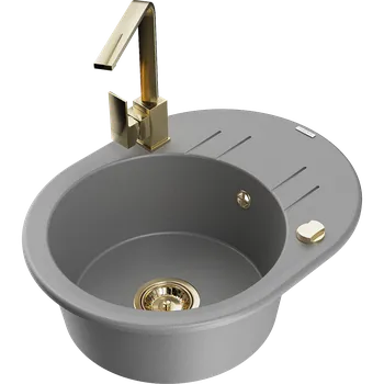 Granitový dřez Mexen Kevin granitový dřez 1-komorový s odkapávačem a kuchyňskou baterií Rita, šedý - 6517-71-670300-50 Granitové dřezy s baterií