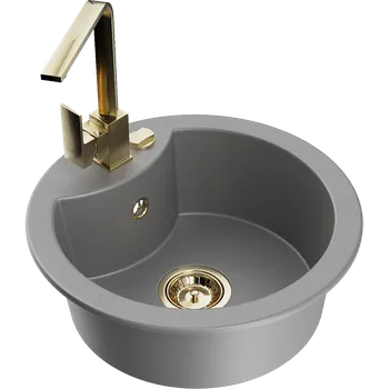 Granitový dřez Mexen Diego granitový dřez 1-komorový s kuchyňskou baterií Rita, šedý - 6512-71-670300-50 Granitové dřezy s baterií