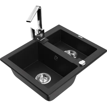 Granitový dřez Mexen Carlos granitový dřez, 1,5-komorový s kuchyňskou baterií Rita, černý - 6518-77-670300-00 Granitové dřezy s baterií