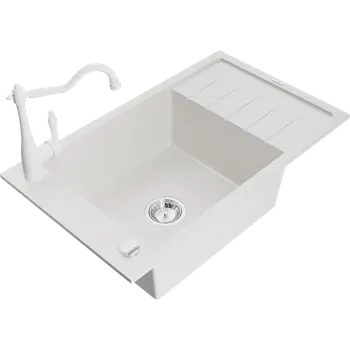 Granitový dřez Mexen Elias granitový jednodřez s odkapávačem a kuchyňskou baterií Carla, bílý - 6511-20-670700-20 Granitové dřezy s baterií