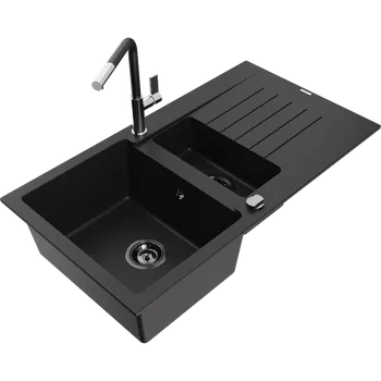 Granitový dřez Mexen Matias granitový dřez 1,5-komorový s odkapávačem a kuchyňskou baterií Flora, černý - 6502-77-670401-07-B Granitové dřezy s baterií