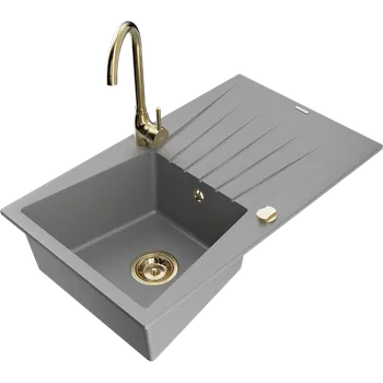 Granitový dřez Mexen Cesar žulový dřez 1-komorový s odkapávačem a kuchyňskou baterií Telma, šedý - 6514-71-670200-50 Granitové dřezy s baterií
