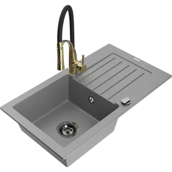 Granitový dřez Mexen Pablo granitový kuchyňský dřez 1-komorový s odkapávačem a kuchyňskou baterií Aster, šedý - 6510-71-73450-57-B Granitové dřezy s baterií