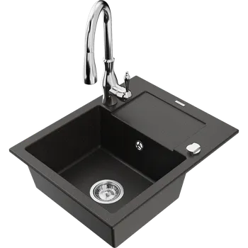 Granitový dřez Mexen Enzo granitový dřez jednokomorový s odkapávačem a kuchyňskou baterií Savita, černý/zlatý metalik - 6506-75-672601-00 Granitové dřezy s baterií