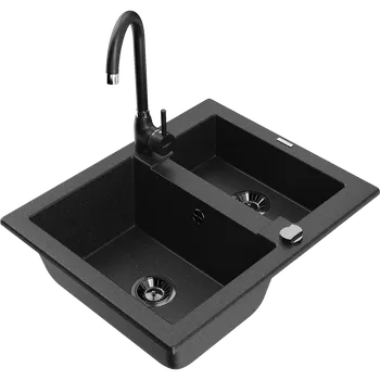 Granitový dřez Mexen Carlos žulový dřez 1,5-komorový s kuchyňskou baterií Telma, černý/stříbrný metalik - 6518-73-670200-70-B Granitové dřezy s baterií