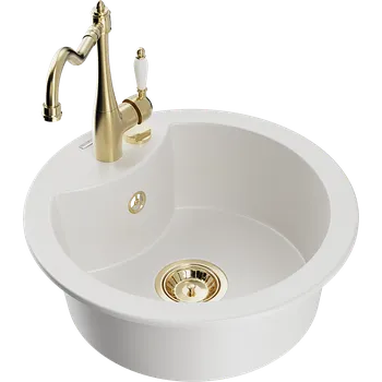 Granitový dřez Mexen Diego dřez granitový 1-komorový s kuchyňskou baterií Carla, bílý - 6512-20-670700-50 Granitové dřezy s baterií