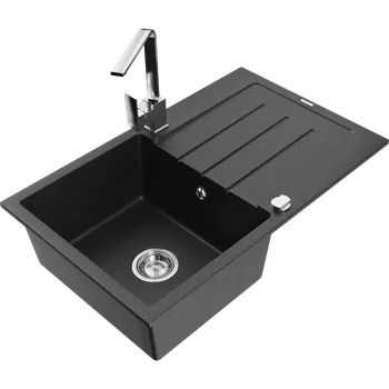 Granitový dřez Mexen Bruno granitový dřez s odkapávačem a kuchyňskou baterií Rita, černý/stříbrný metalík - 6513-73-670300-00 Granitové dřezy s baterií
