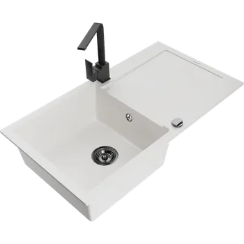 Granitový dřez Mexen Leo granitový dřez 1-komorový s odkapávačem a kuchyňskou baterií Rita, bílý - 6501-20-670300-70 Granitové dřezy s baterií