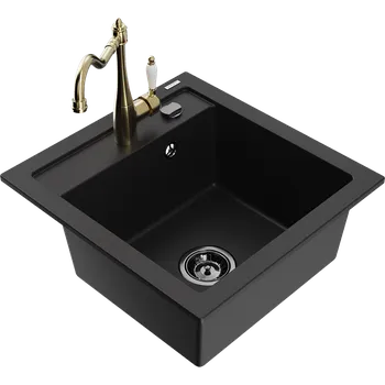 Granitový dřez Mexen Vito granitový dřez s 1 komorou a kuchyňskou baterií Carla, černý - 6503-77-670700-50-B Granitové dřezy s baterií