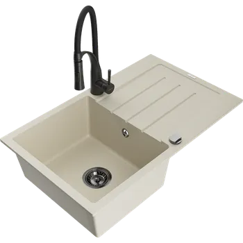 Mexen Bruno granitový dřez s 1 vanou a odkapávačem a kuchyňskou baterií Aster, béžový - 6513-69-73450-70-B Granitové dřezy s baterií