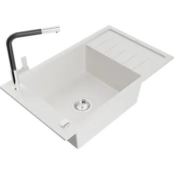 Granitový dřez Mexen Elias granitový dřez 1-komorový s odkapávačem a kuchyňskou baterií Flora, bílý - 6511-20-670401-07 Granitové dřezy s baterií