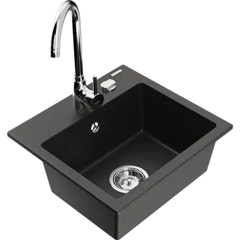 Granitový dřez Mexen Milo granitový dřez 1-komorový s kuchyňskou baterií Telma, černý/zlatý - 6505-75-670200-00 Granitové dřezy s baterií
